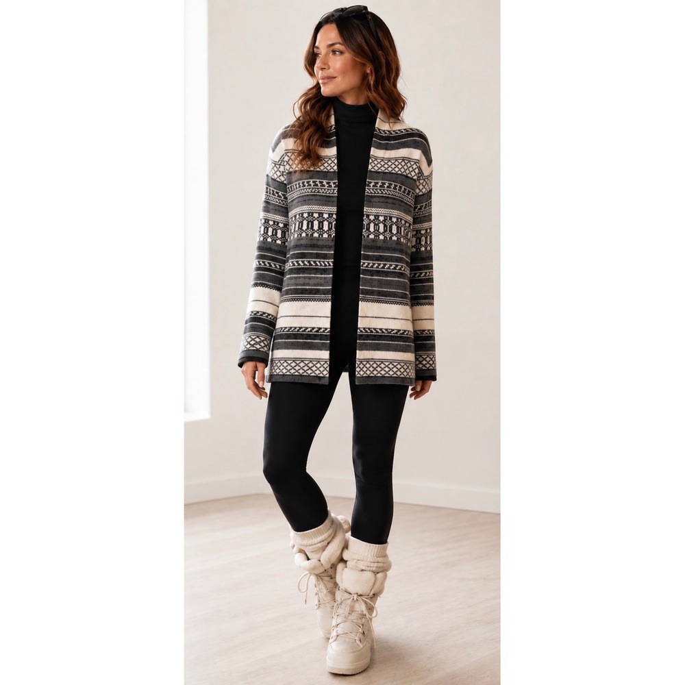 Monari Grey Metallic Fair Isles Open Cardigan Sweater Wool Blend Size  US 8